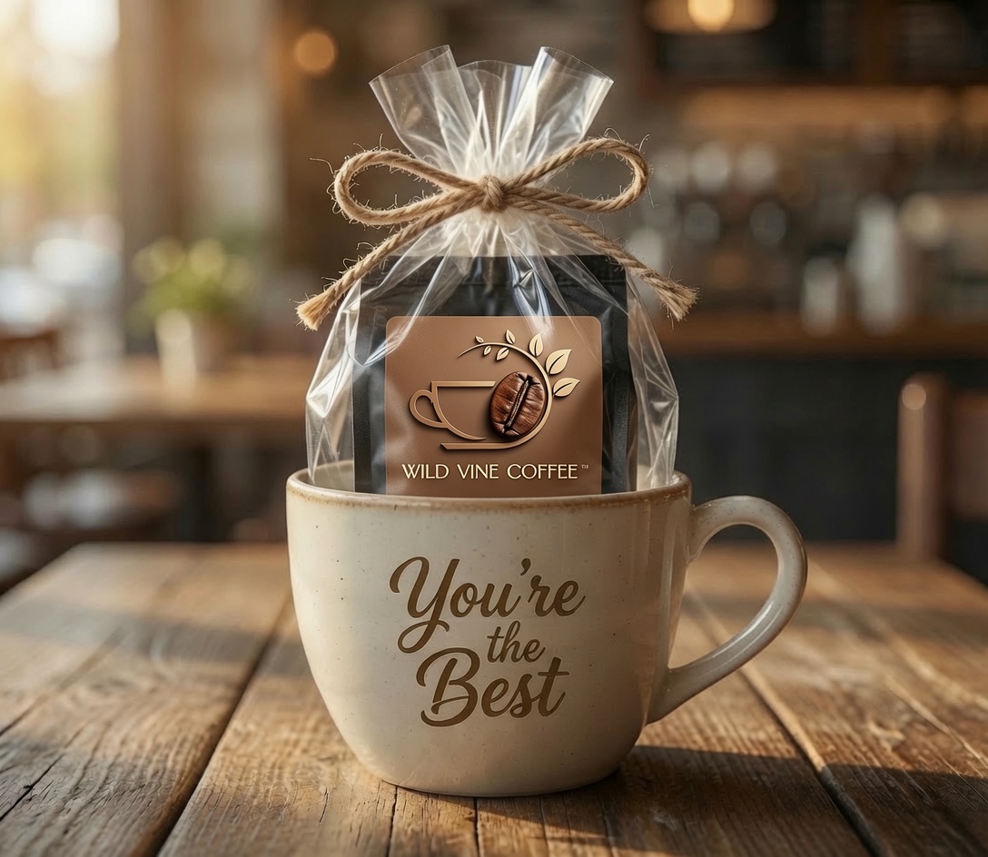 A sealed pouch of Wild Vine Coffee tied with twine, presented in a speckled café mug on a rustic wooden table
