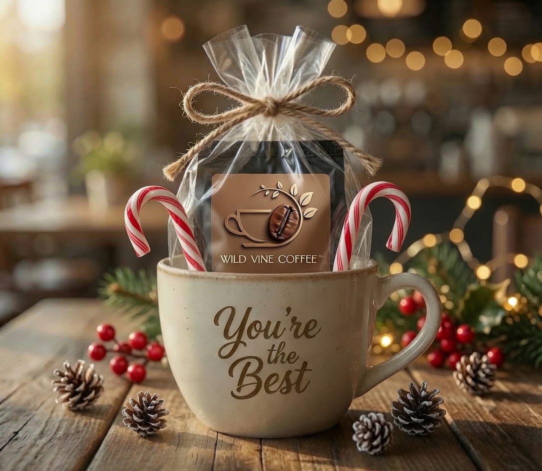 A festive Wild Vine Coffee gift mug with candy canes, pinecones, and holly for the holiday season